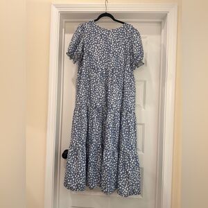 Blue and White Puff Sleeve Tiered Modest Maxi Dress